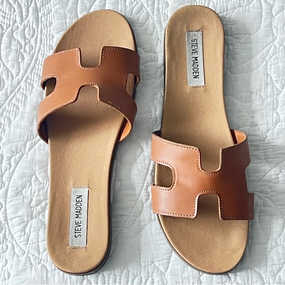 Steve Madden HOKU Slip On Brown Leather Slip On Beach Casual Sandal Shoes